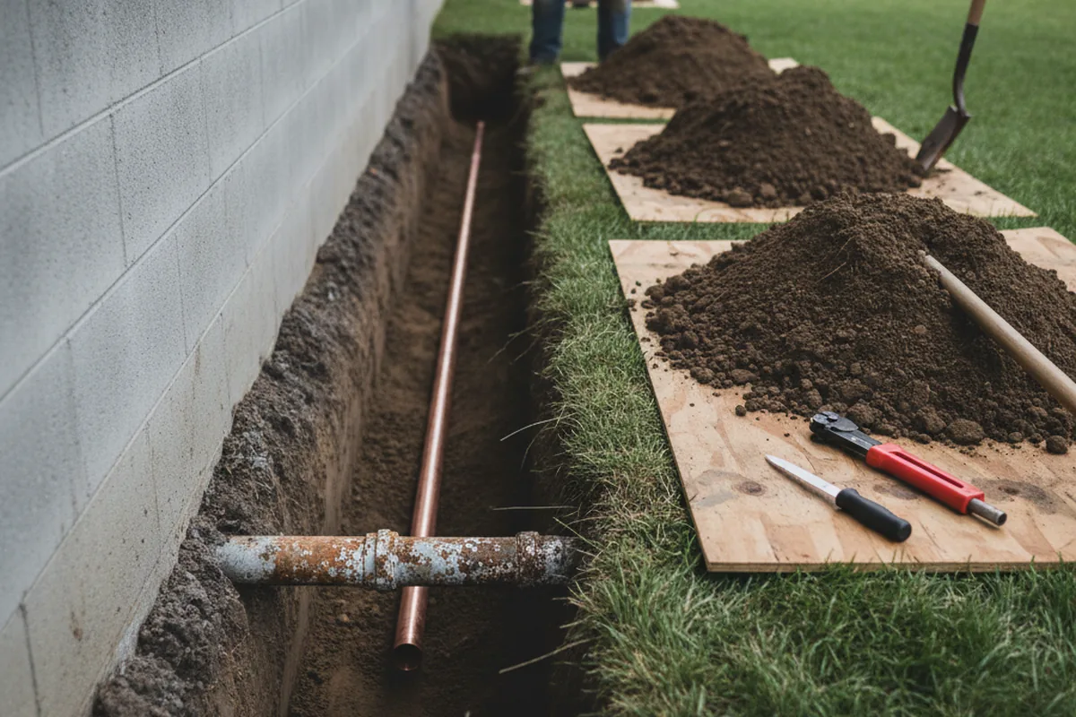 Excavated water line trench during Sewer Line Repair in Linn